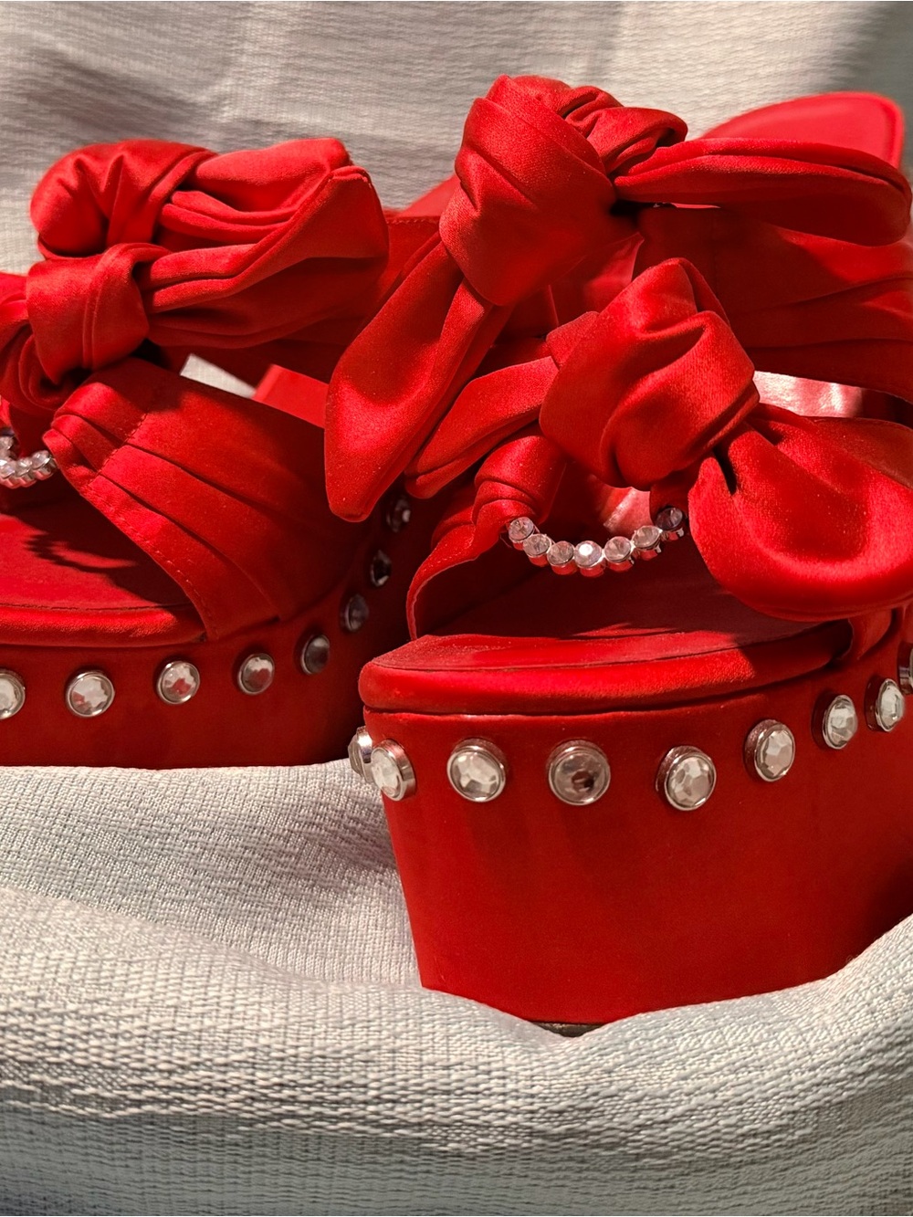 Red Bow Platform Sandals with Rhinestone Trim